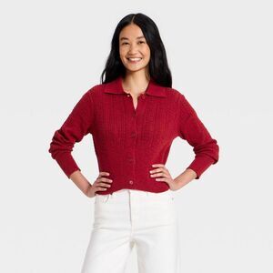 Women's Long Sleeve Pointelle Collared Cardigan - Universal Thread Red L